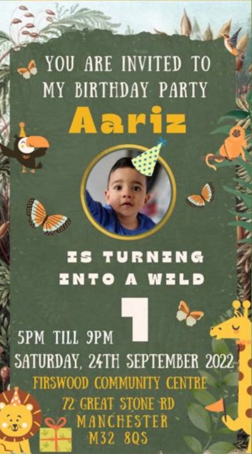 Jungle safari birthday invitation for Aariz turning one, with a photo of a child in a party hat